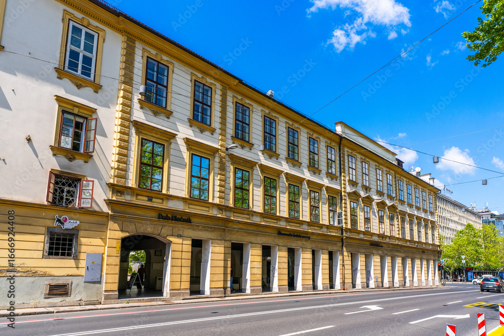 Naklejka premium Ljubljana, Slovenia 29 april 2025 - Exterior of the Slovenian School Museum (Slovenski Solski muzej)