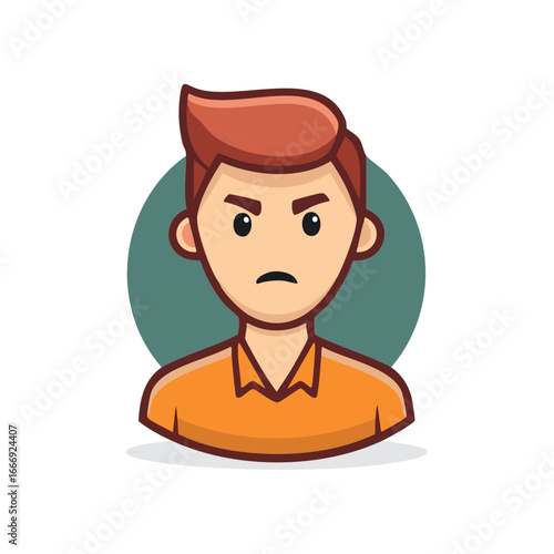 Cartoon illustration of an angry man with an orange shirt and brown hair depicting negative emotions and displeased facial expression