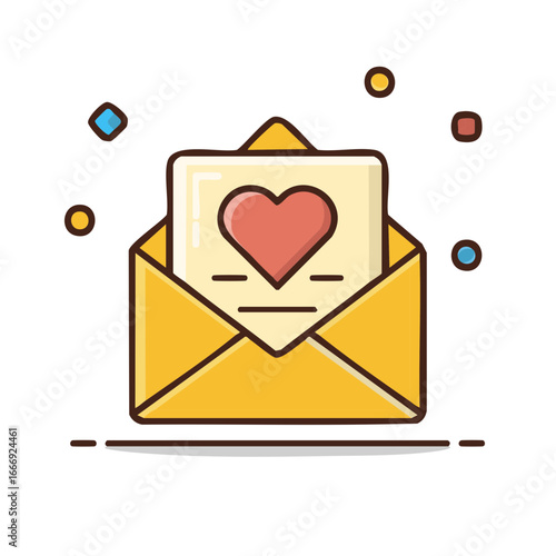 Yellow open envelope with a love letter inside and small notification icons concept of email communication and digital message