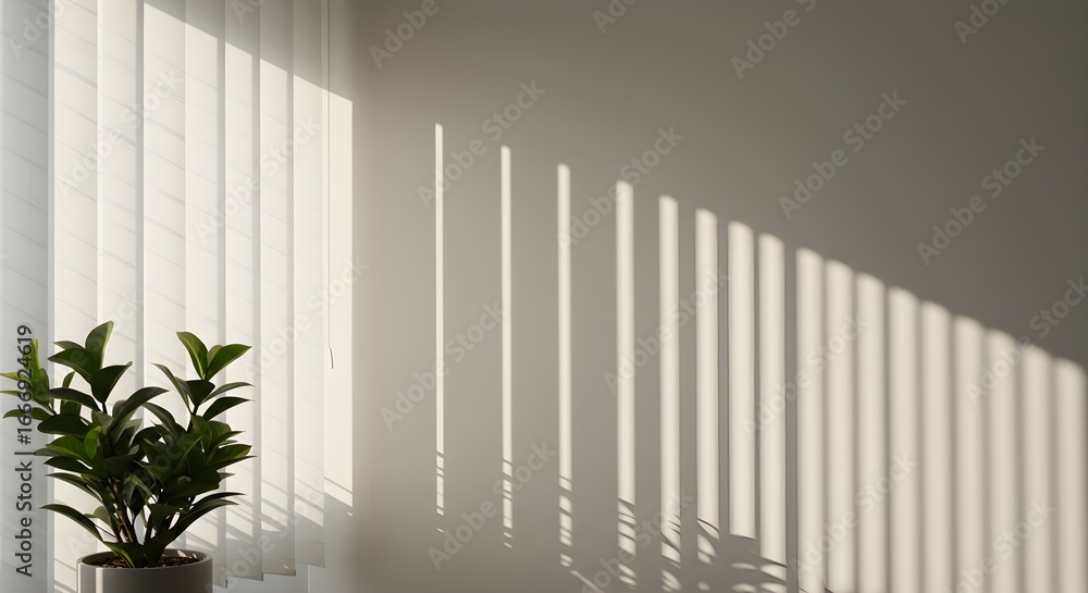 Fototapeta premium Soft White Wall shows shadows. Sunlight creates textures. Interior backdrop suits product photography, branding, or website headers.