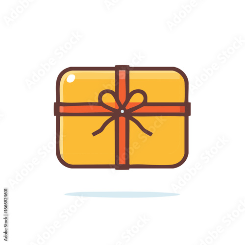 Flat design yellow gift box with red ribbon and bow on white background