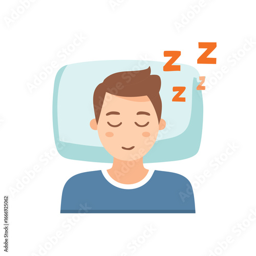 Peaceful cartoon man sleeping on a blue pillow with closed eyes and Zzz symbols