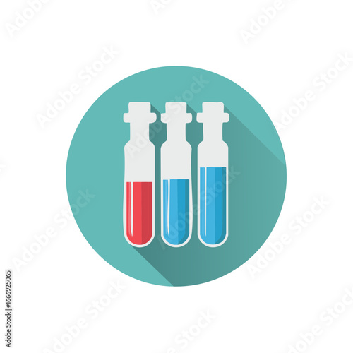 Three laboratory test tubes with red and blue liquids inside a circle, flat design with shadow