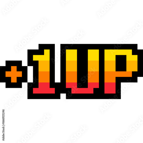 Pixel art 1UP extra life text retro game style, Arcade message 