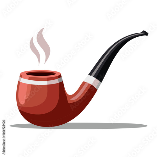 Classic traditional smoking pipe with a reddish brown bowl and black stem emitting gentle smoke illustration