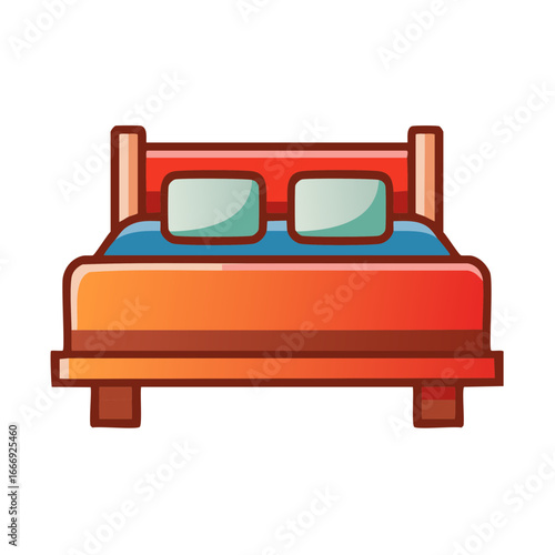 Modern cartoon style double bed with two pillows and blue bedding isolated on white