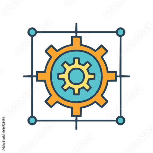Abstract representation of mechanical gear and blueprint crosshairs for engineering and mechanics