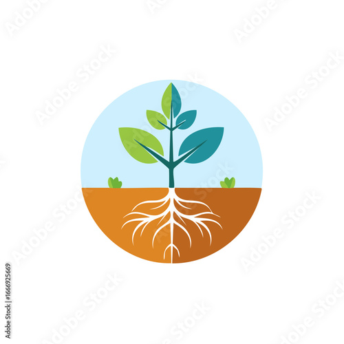 Circular icon of a young plant with a visible root system in a soil cross section representing growth and ecology