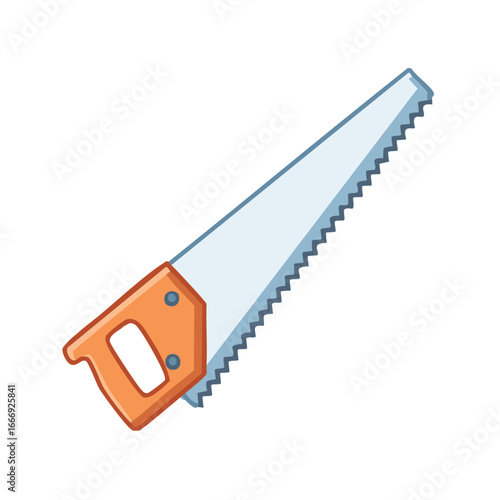 Illustration of a saw with an orange handle and sharp teeth on a white background