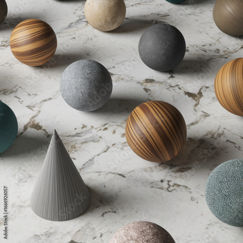 Textured 3D Spheres and Cone on Marble Surface