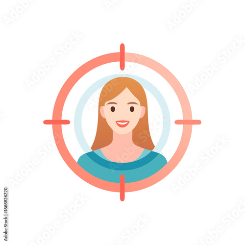 Woman in target crosshairs with smiling face aiming symbol