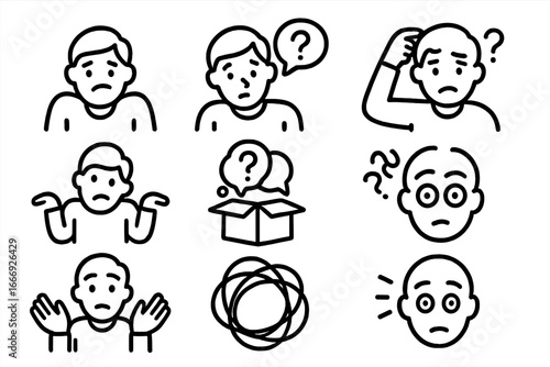 Icons of Uncertainty. Line style icons of confusion and doubt: twisted mouth, raised shoulder, tilted head, question mark bubble,