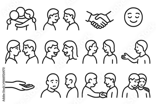 Social Expressions Icons. Line style icons of social expressions: group hug, nodding in agreement, handshake, warm smile,