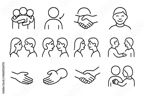 Social Expressions Icons. Line style icons of social expressions: group hug, nodding in agreement, handshake, warm smile,