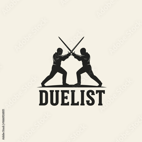 Two swordsmen silhouettes facing off in a duel.  A vintage logo design.