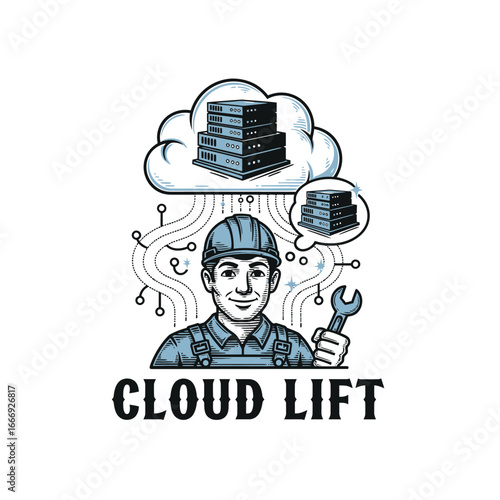 Cloud Lift provides expert cloud computing solutions.  Reliable and efficient. Male technician logo vector