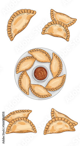 Delicious golden fried pastries filled with savory meats and vegetables served on a plate with dipping sauce
