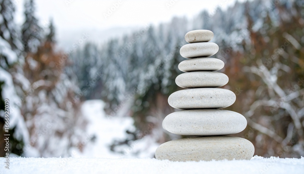 Obraz premium Balanced stones in winter landscape evoke tranquility and mindfulness meditation practice