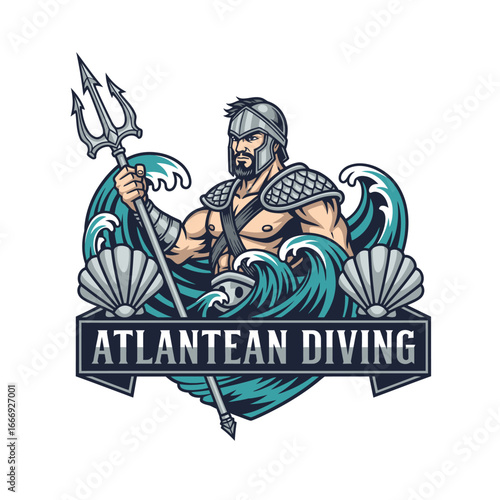 Poseidon Diving logo vector character featuring a powerful warrior with a trident.