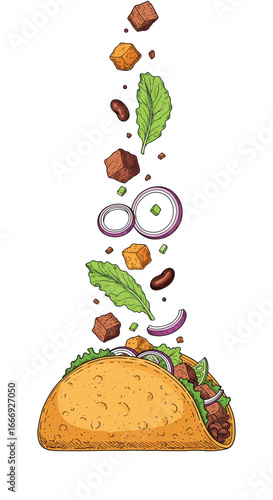Deconstructed taco with fresh ingredients falling into a tortilla creating a delicious and colorful meal experience