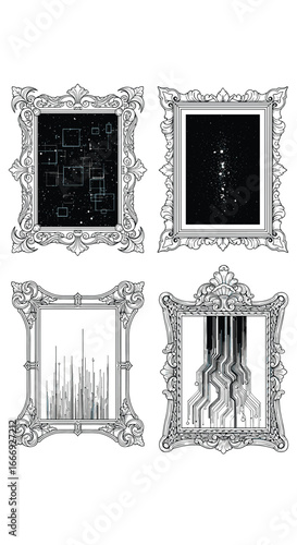 Four ornate black and white framed abstract artistic illustrations with unique visual textures and patterns