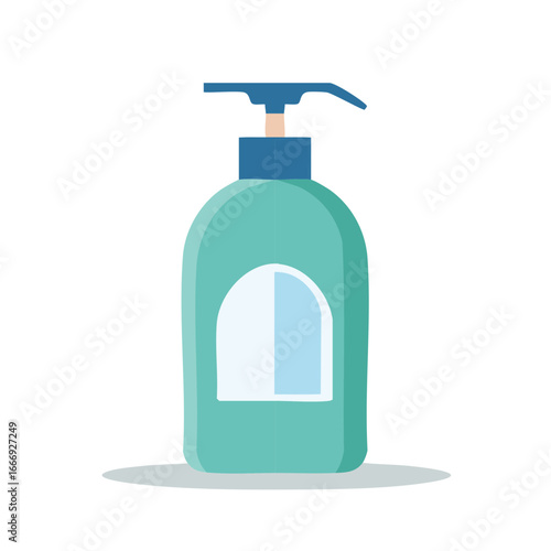 Cartoon pump bottle graphic in green and blue for bath products or hand cleaning
