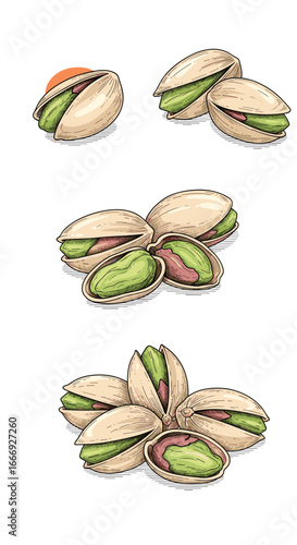 Deliciously rendered pistachios showing intact and open shells with vibrant green kernels
