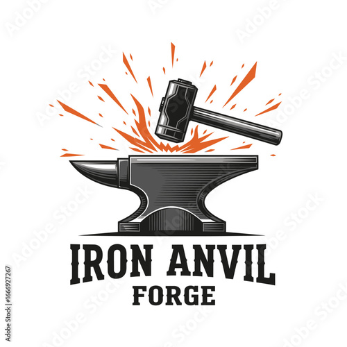 A striking logo depicting a hammer hitting hot metal on an anvil.