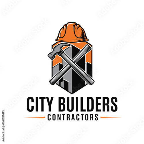 City Builders Contractors logo featuring crossed hammers, a hard hat, and a cityscape.