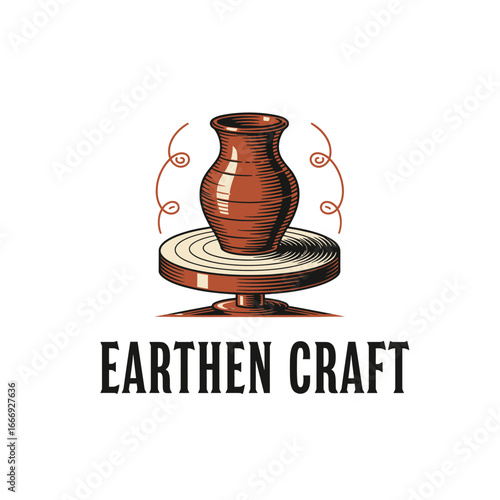 Earthen Craft logo design vector featuring a clay vase on a pottery wheel.