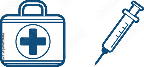 The icon vector set for travel and business luggage includes symbols for a suitcase, a medical aid kit, and a baggage case