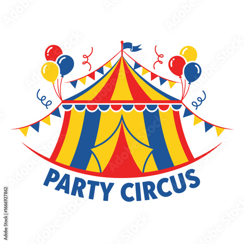 A vibrant illustration of a circus tent with balloons, perfect for party invitations or festive designs.
