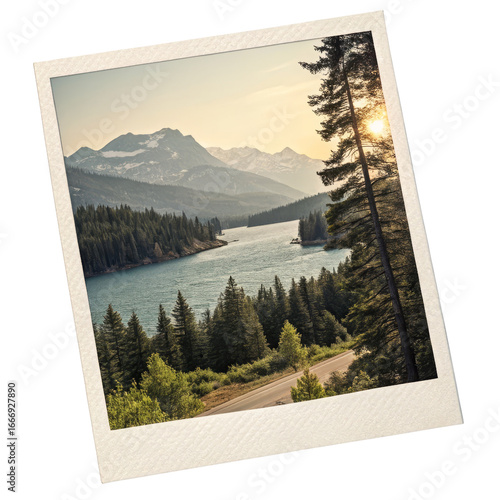 Scenic Lake and Mountain Polaroid Photo, Isolated on Transparent Background, nature photography, landscape, Lake, Mountain, Polaroid