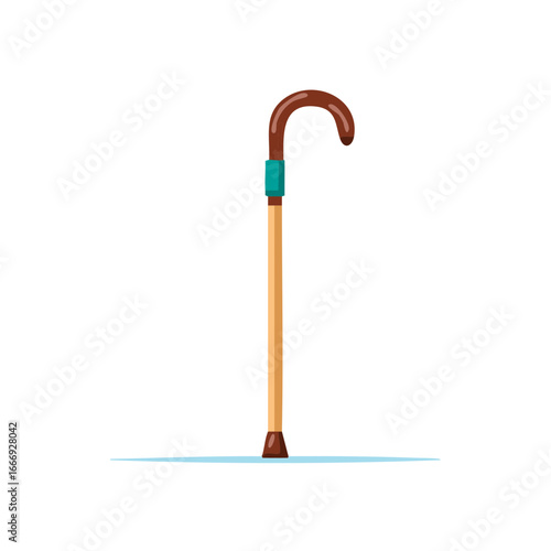 Cartoon illustration of a brown walking cane for the elderly or disabled, isolated.