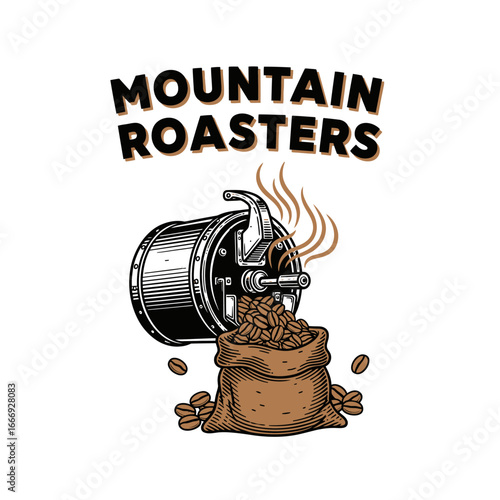 Roasted coffee beans pouring into a burlap sack from a vintage roaster.  Mountain Roasters logo.