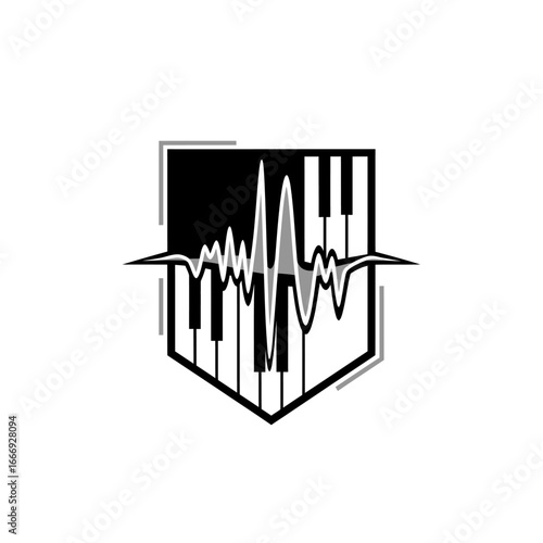 Abstract logo design featuring a piano keyboard and sound waves.