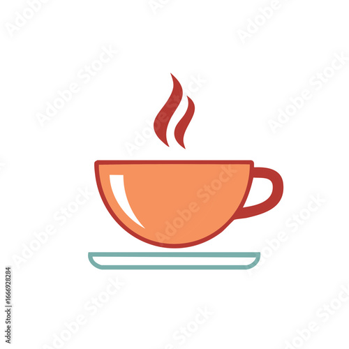 Stylized hot drink cup with rising steam on a saucer, flat design vector illustration.