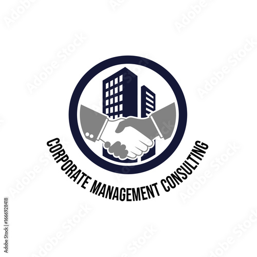 A logo depicting a handshake between two individuals in front of buildings, symbolizing corporate management consulting.
