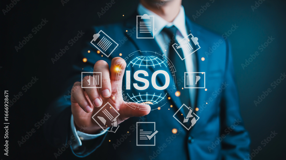 Obraz premium Businessman activating ISO certification with futuristic interface, business compliance concept