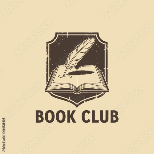 Elegant book club logo featuring a quill pen on an open book, vintage style.