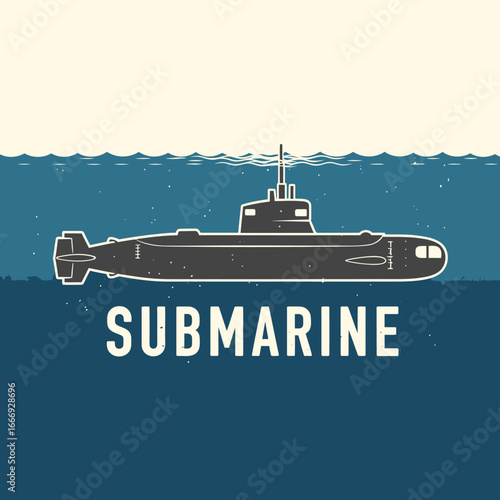 A vintage-style illustration of a submarine submerged in the deep ocean.