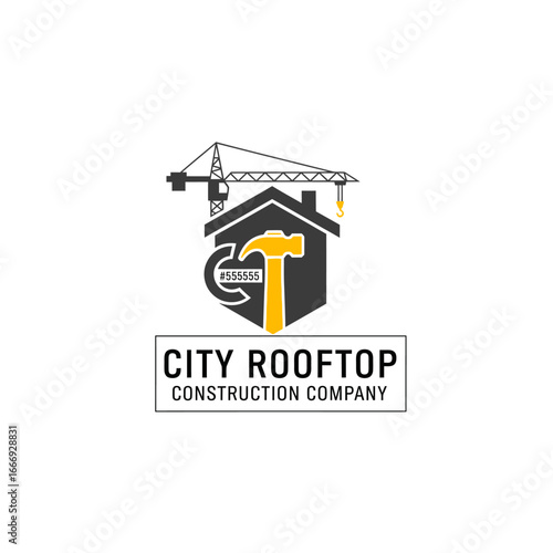 City Rooftop Construction Company logo featuring a house, crane, and hammer.