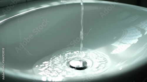 Clear water stream flows into a white porcelain sink with chrome drain stopper