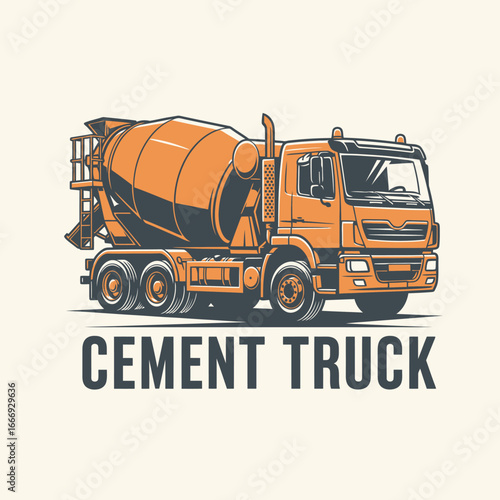 A vintage illustration of an orange cement mixer truck.