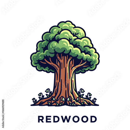 A vibrant illustration of a majestic redwood tree, showcasing its towering trunk and lush foliage.