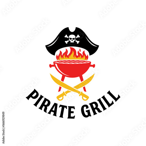 A fiery pirate grill logo design featuring a skull and crossbones hat, crossed sabers, and a flaming grill.