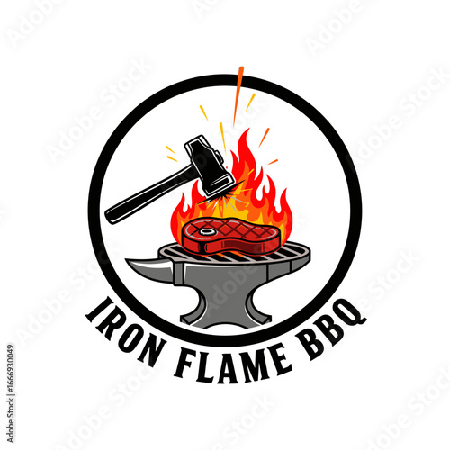 A logo design featuring a steak on an anvil being hit by a hammer, surrounded by flames.  Perfect for a BBQ restaurant.
