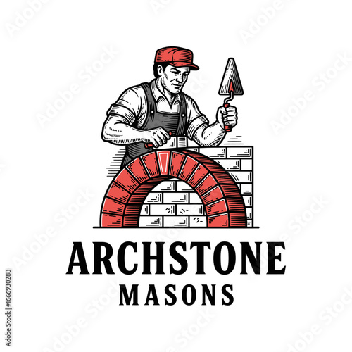A skilled mason constructing a brick arch.  Archstone Masons logo.