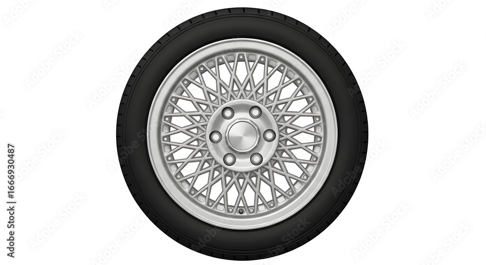 Obraz premium A detailed closeup of a classic silver wire wheel with a black tire, isolated on a white background, showcasing intricate spokes and a shiny chrome hub