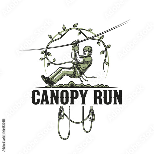 Exciting logo depicting a person ziplining through a forest canopy.